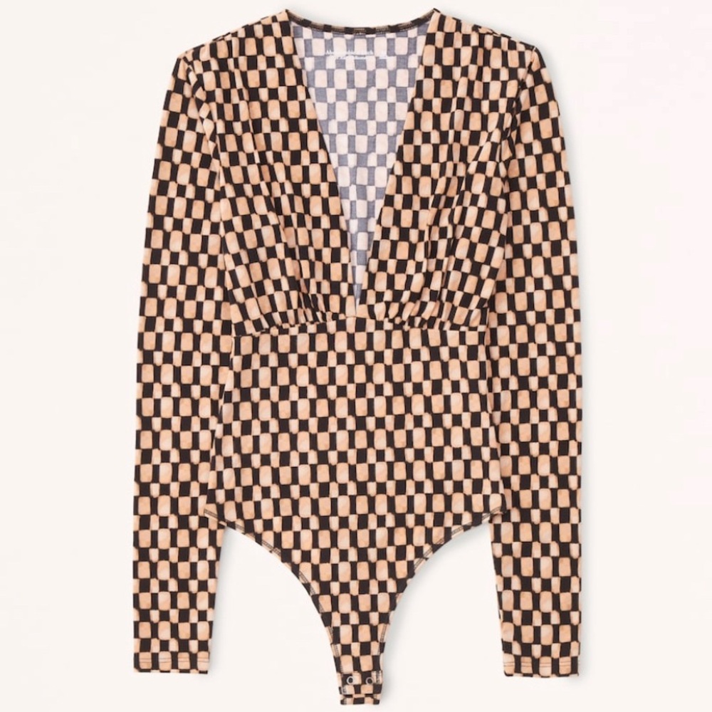 Abercrombie Long-Sleeve Slinky V-Neck Bodysuit, Brown Checkered, S